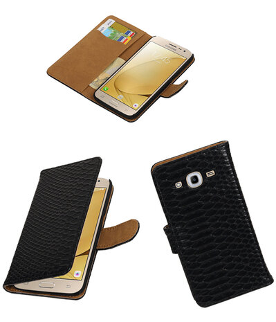 Zwart Slang booktype wallet cover hoesje voor Samsung Galaxy J2 2016