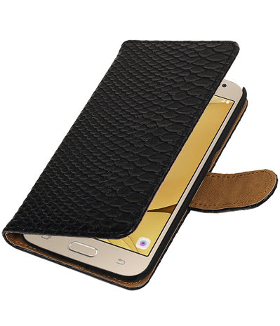 Zwart Slang booktype wallet cover hoesje voor Samsung Galaxy J2 2016