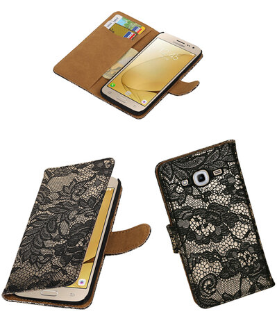 Zwart Lace booktype wallet cover hoesje voor Samsung Galaxy J2 2016