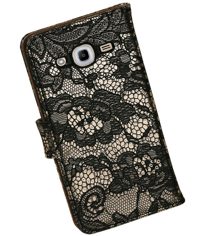 Zwart Lace booktype wallet cover hoesje voor Samsung Galaxy J2 2016