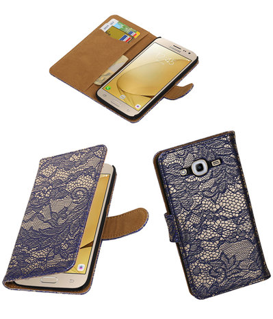 Blauw Lace booktype wallet cover hoesje voor Samsung Galaxy J2 2016