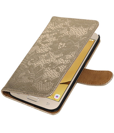 Goud Lace booktype wallet cover hoesje voor Samsung Galaxy J2 2016