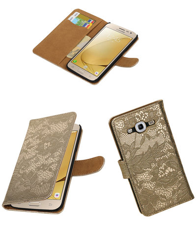 Goud Lace booktype wallet cover hoesje voor Samsung Galaxy J2 2016