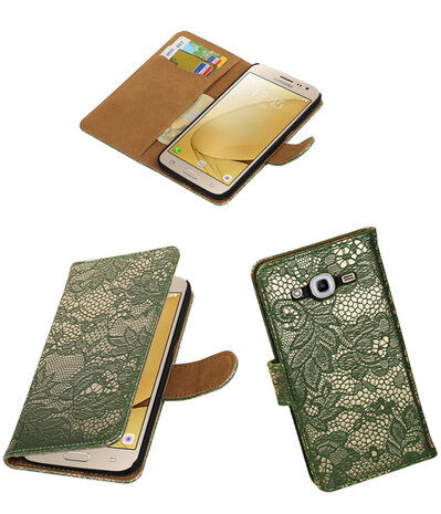 Donker Groen Lace booktype wallet cover hoesje voor Samsung Galaxy J2 2016