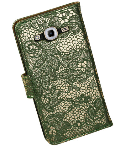 Donker Groen Lace booktype wallet cover hoesje voor Samsung Galaxy J2 2016