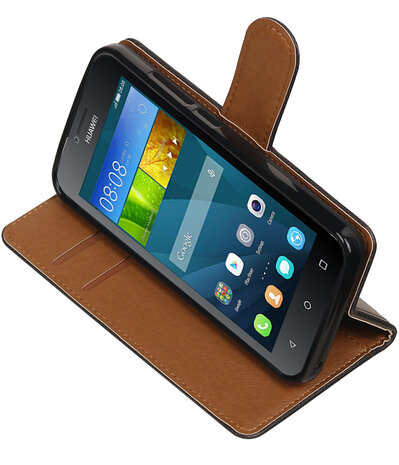 Zwart Pull-Up PU booktype wallet hoesje voor Huawei Y560 / Y5