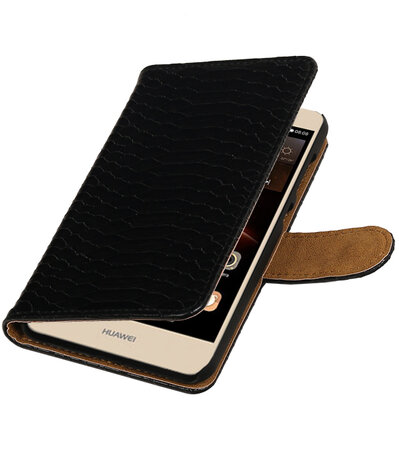 Zwart Slang booktype wallet cover hoesje voor Huawei Y5 II