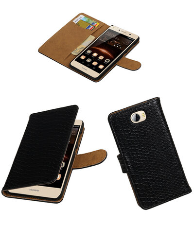 Zwart Slang booktype wallet cover hoesje voor Huawei Y5 II