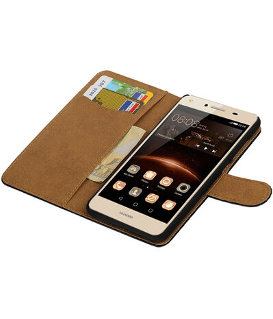 Zwart Slang booktype wallet cover hoesje voor Huawei Y5 II
