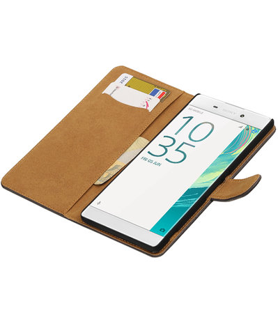 Grijs Hout booktype wallet cover voor Hoesje voor Sony Xperia C6