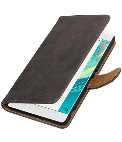 Grijs Hout booktype wallet cover voor Hoesje voor Sony Xperia C6