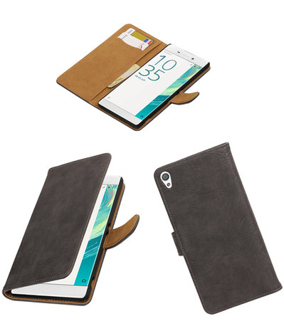 Grijs Hout booktype wallet cover voor Hoesje voor Sony Xperia C6