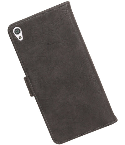 Grijs Hout booktype wallet cover hoesje voor Sony Xperia C6
