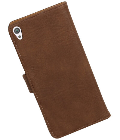 Bruin Hout booktype wallet cover voor Hoesje voor Sony Xperia C6