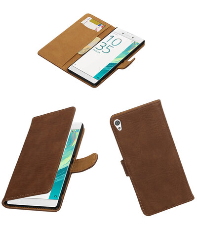 Bruin Hout booktype wallet cover voor Hoesje voor Sony Xperia C6
