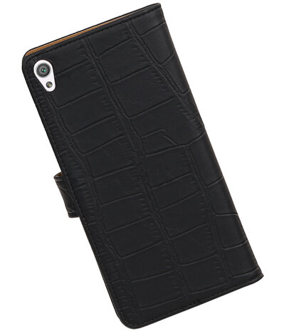 Zwart Krokodil booktype wallet cover voor Hoesje voor Sony Xperia C6