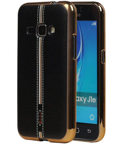 M-Cases Zwart Leder Design TPU back case hoesje voor Samsung Galaxy J1 2016