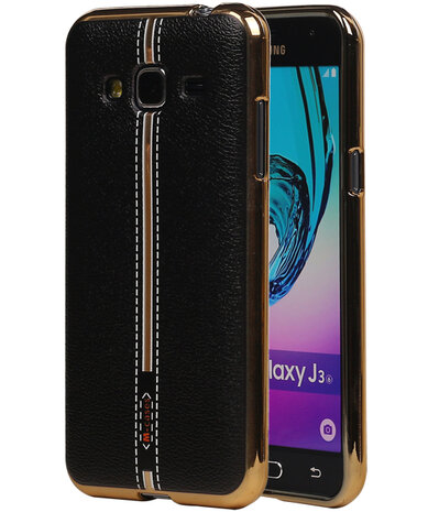 M-Cases Zwart Leder Design TPU back case hoesje voor Samsung Galaxy J3 2016