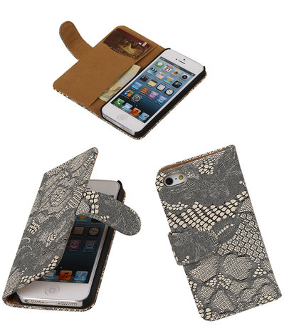 Beige Lace 2 booktype wallet cover hoesje voor Apple iPhone 5 / 5s / SE