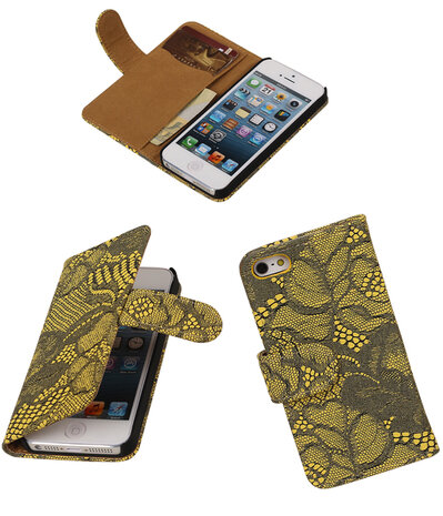 Geel Lace 2 booktype wallet cover hoesje voor Apple iPhone 5 / 5s / SE