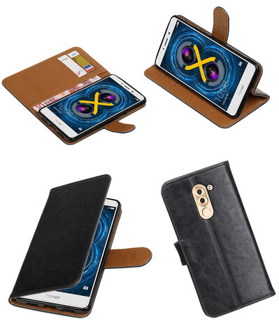 Zwart Pull-Up PU booktype wallet cover hoesje voor Huawei Honor 6x 2016