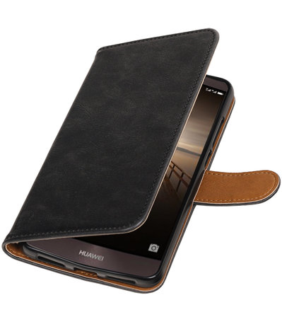 Zwart Pull-Up PU booktype wallet cover hoesje voor Huawei Mate 9