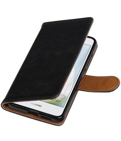 Zwart Pull-Up PU booktype wallet cover hoesje voor Huawei Nova Plus