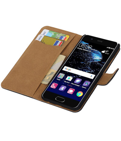 Zwart Krokodil booktype wallet cover hoesje Huawei P10