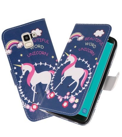 Blauw Unicorn booktype wallet case Hoesje voor Samsung Galaxy J8