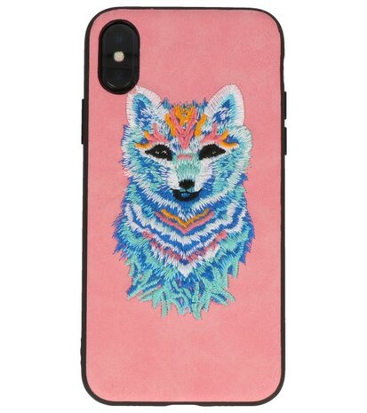 Roze Borduurwerk Wolf TPU Back Cover Hoesje voor iPhone X