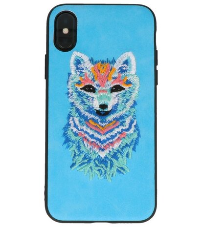 Blauw Borduurwerk Wolf TPU Back Cover Hoesje voor iPhone X