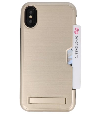 Goud Tough Armor Kaarthouder Stand Hoesje voor iPhone X / XS