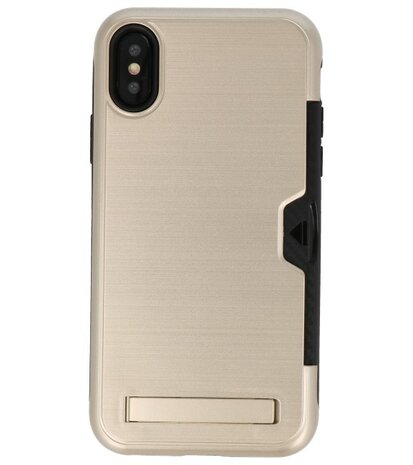 Goud Tough Armor Kaarthouder Stand Hoesje voor iPhone X / XS