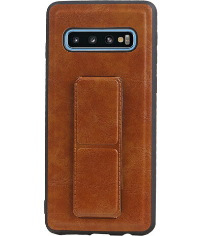 Grip Stand Hardcase Backcover voor Samsung Galaxy S10 Bruin