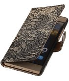 Hoesje voor Sony Xperia M4 Aqua Lace/Kant Booktype Wallet Zwart
