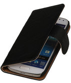 Zwart Echt Leer Leder booktype wallet voor Hoesje voor Huawei Ascend G525