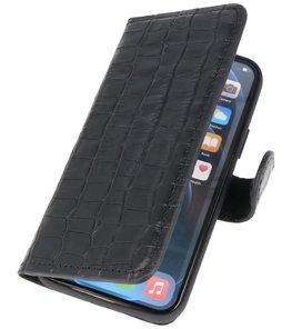 iPhone 13 Mini Hoesje Krokodil Handmade Leer Book Case Telefoonhoesje - Zwart