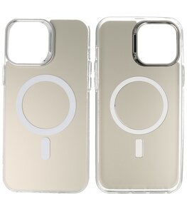 Magsafe Hoesje Geschikt voor iPhone 15 Pro Max - Magnetisch Smartphone Hoesje - Wit / Silver