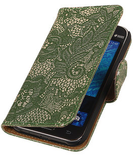 Donker Groen Lace / Kant Design Bookcover Hoesje voor Samsung Galaxy J1 2015 Donker Groen Lace / Kant Design Bookcover Hoesje voor Samsung Galaxy J1 2015