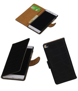 Hoesje voor Huawei P8 Krokodil Zwart Booktype Hoesje voor Huawei P8 Krokodil Zwart Booktype