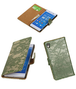 Hoesje voor Sony Xperia Z4/Z3 Plus Lace Kant Booktype Wallet Donker Groen