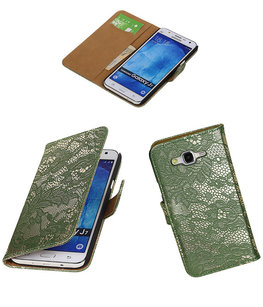 Hoesje voor Samsung Galaxy J7 2015 Lace Kant Booktype Wallet Donker Groen