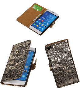 Hoesje voor Huawei Honor 6 Plus Lace Kant Booktype Wallet Zwart