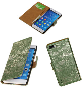 Hoesje voor Huawei Honor 6 Plus Lace Kant Booktype Wallet Donker Groen