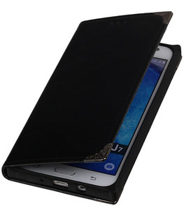 Zwart TPU Map Bookstyle Hoesje voor Samsung Galaxy J7 2015 Wallet Cover