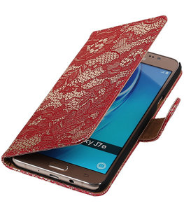 Rood Lace booktype cover voor Hoesje voor Samsung Galaxy J7 2016
