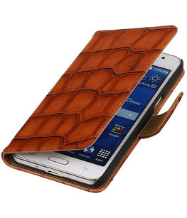 Bruin Croco Hoesje voor Samsung Galaxy Grand Prime Book/Wallet Case/Cover