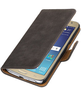 Grijs Hout booktype wallet cover voor Hoesje voor Samsung Galaxy J2 2016