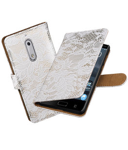 Hoesje voor Nokia 5 Lace booktype Wit Hoesje voor Nokia 5 Lace booktype Wit