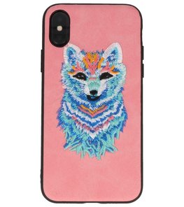 Roze Borduurwerk Wolf TPU Back Cover Hoesje voor iPhone X Roze Borduurwerk Wolf TPU Back Cover Hoesje voor iPhone X